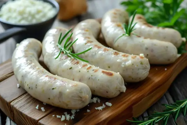 Kilka surowych białych kiełbasek z rozmarynem na drewnianej desce.